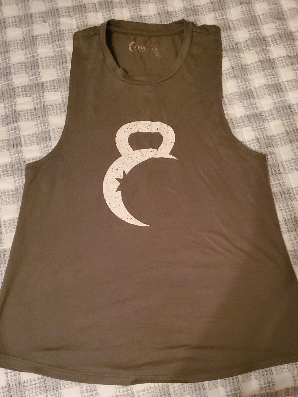 Zyia Sleeveless Olive Green Kettlebell Graphic Muscle Tank